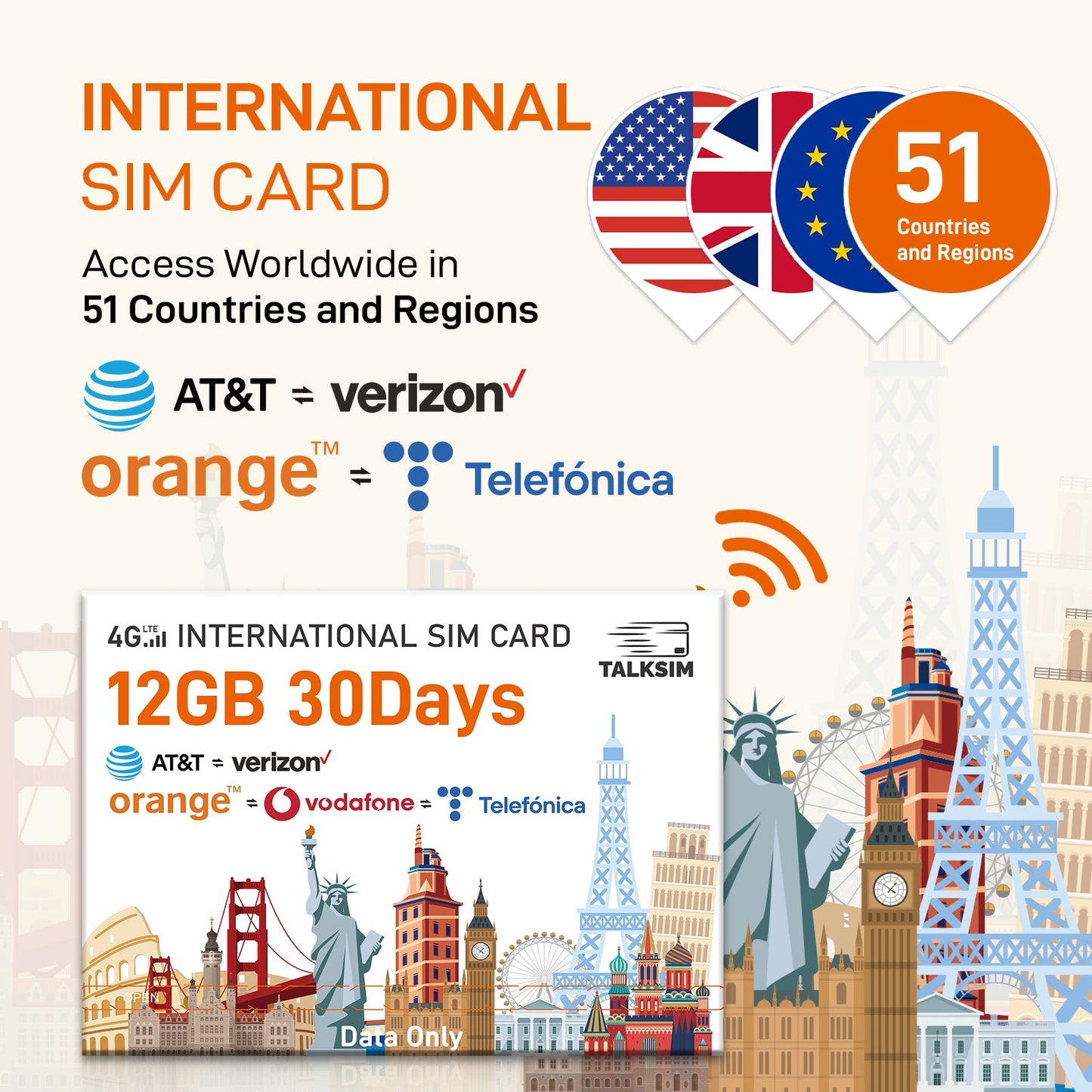 International Data SIM Card, 5G/4G LTE Coverage in USA and 51 Countries |UK, Europe, Asia, Oceania Prepaid Travel Data Only SIM for Portable WiFi Mobile Hotspot, Tablet, No Contract