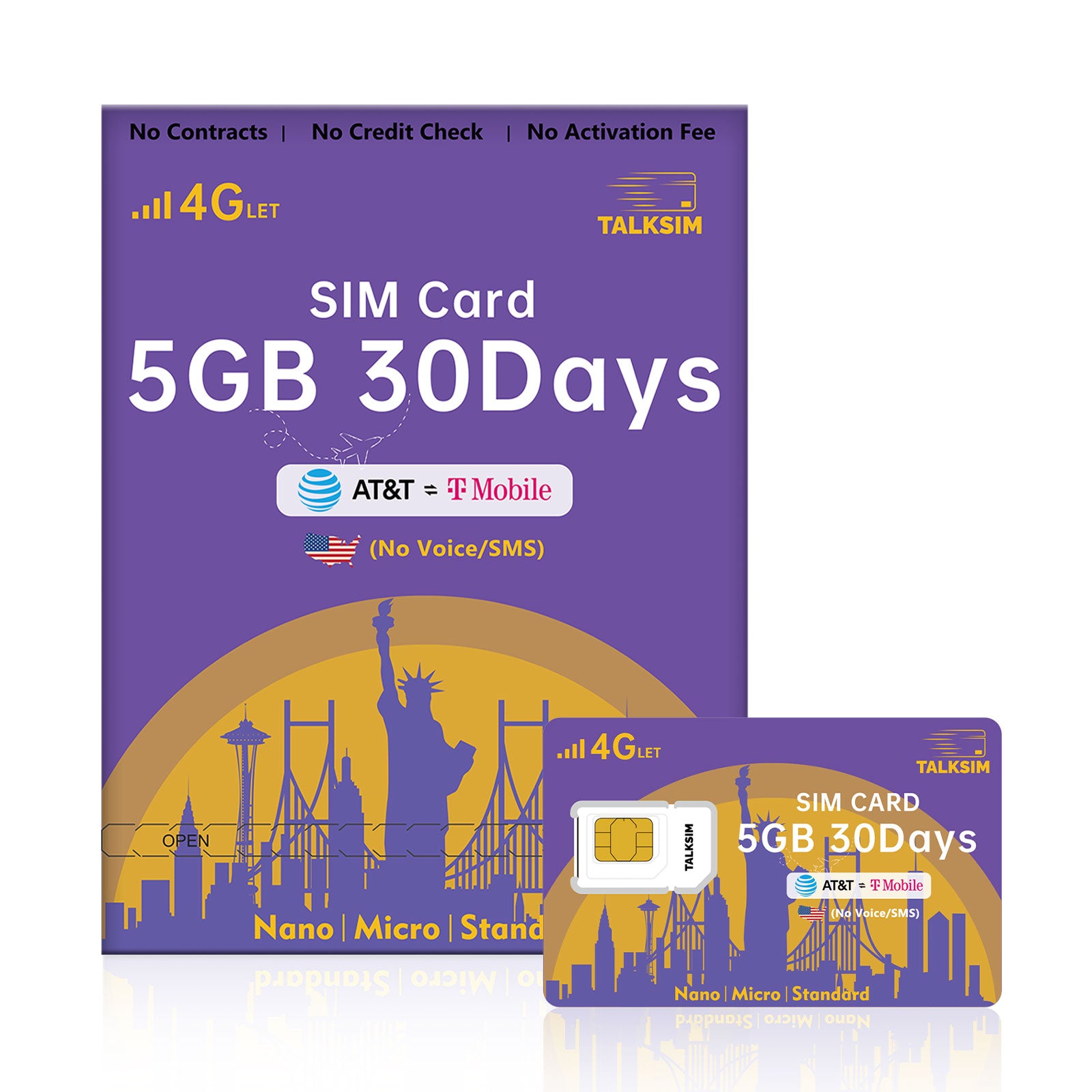 TalkSIM Data SIM Card(5GB 30 Days) Support AT&T, T-Mobile, 4G LTE Cellular SIM Card USA