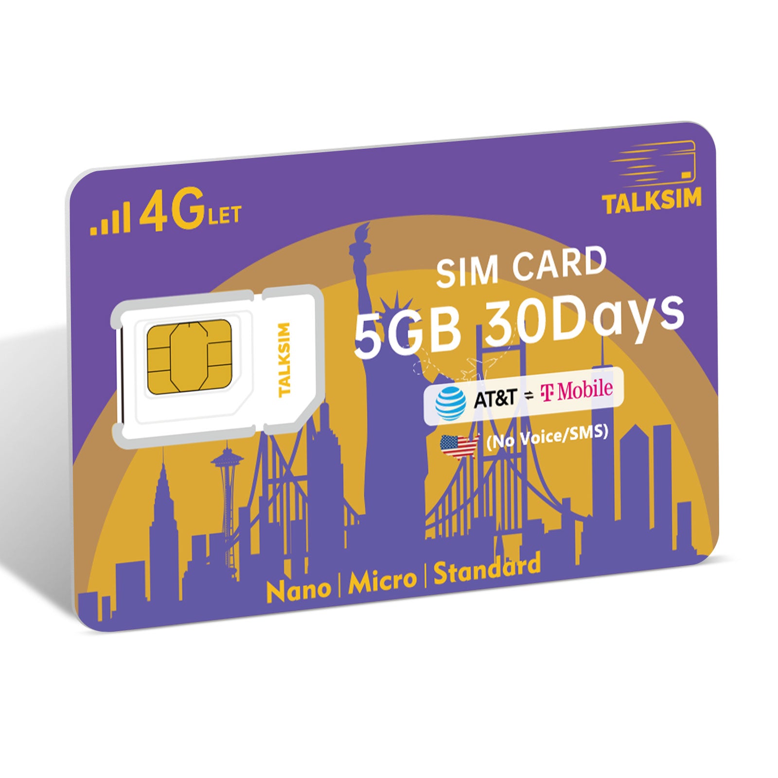 TalkSIM Data SIM Card(5GB 30 Days) Support AT&T, T-Mobile, 4G LTE Cellular SIM Card USA