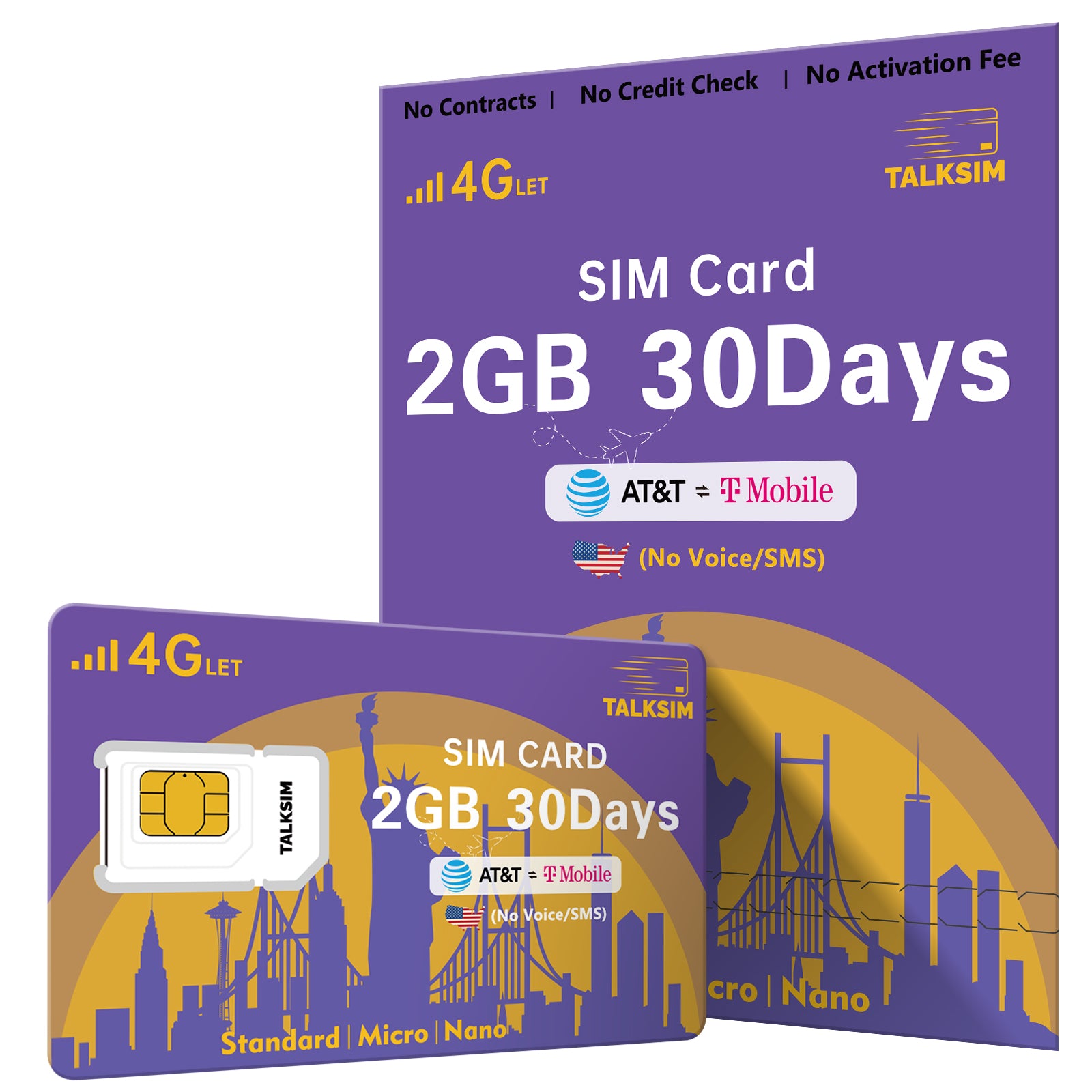 TalkSIM Data SIM Card(2GB 30 Days)USA SIM Card 4G LTE Support AT&T, T-Mobile Dual Network