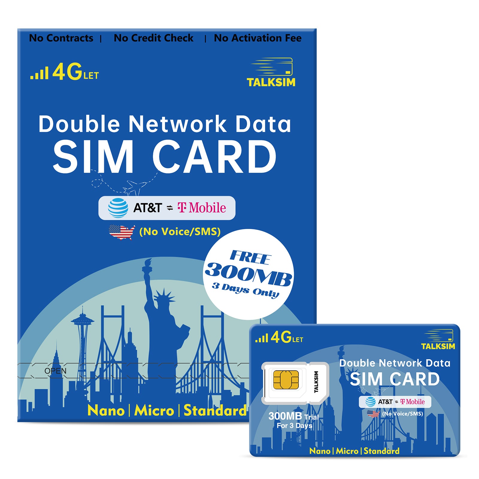 TalkSIM Prepaid 4G LTE Cellular SIM Card-Support AT&T, T-Mobile Dual Network - USA Data Only SIM Card