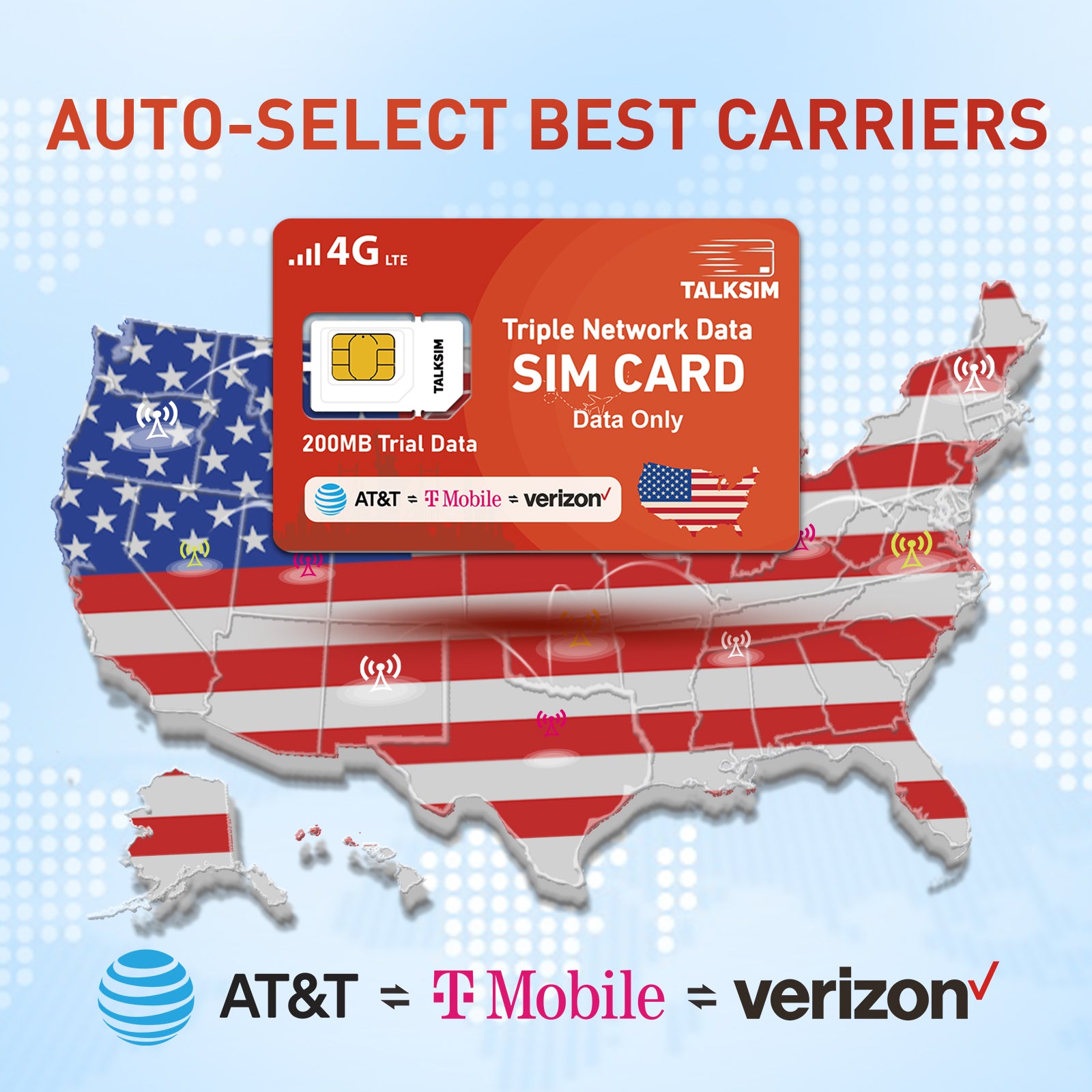 TalkSIM Prepaid 4G LTE Cellular SIM Card-Support AT&T, T-Mobile Dual Network - USA Data Only SIM Card|FREE 200MB