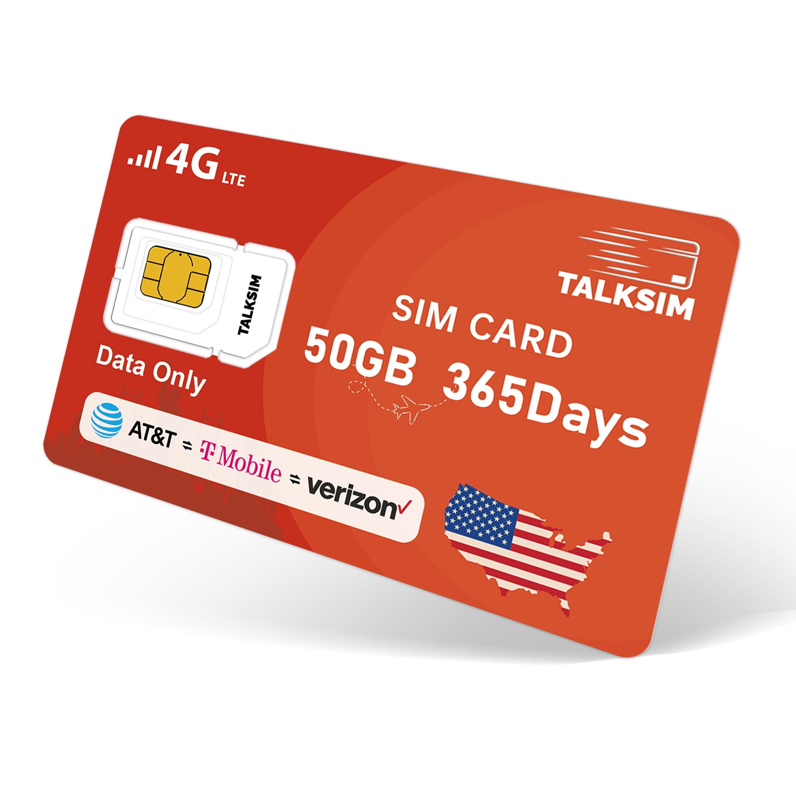 TalkSIM Prepaid 4G LTE Cellular SIM Card-Support AT&T, T-Mobile Dual Network - USA Data Only SIM Card|50GB 365Days