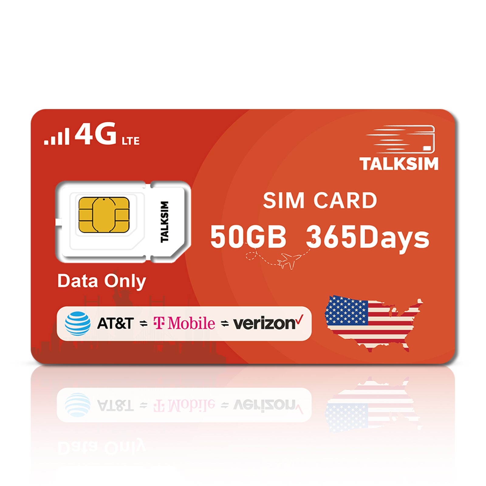 TalkSIM Prepaid 4G LTE Cellular SIM Card-Support AT&T, T-Mobile Dual Network - USA Data Only SIM Card|50GB 365Days