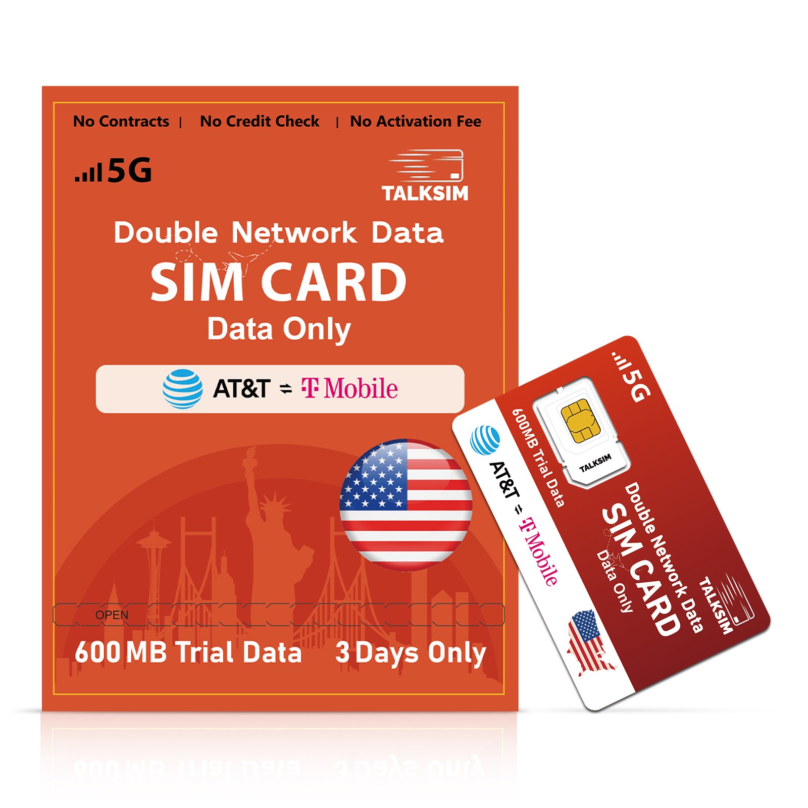 TalkSIM Prepaid 4G LTE Cellular SIM Card-Support AT&T, T-Mobile Dual Network - USA Data Only SIM Card|FREE 600MB