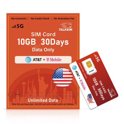 TalkSIM Prepaid 4G LTE Cellular SIM Card-Support AT&T, T-Mobile Dual Network - USA Data Only SIM Card|10GB 30Days