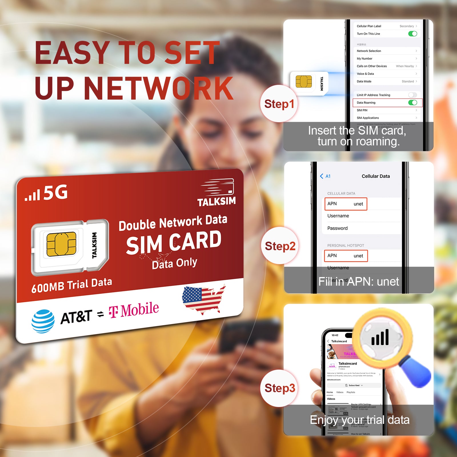 TalkSIM Prepaid 4G LTE Cellular SIM Card-Support AT&T, T-Mobile Dual Network - USA Data Only SIM Card|FREE 600MB