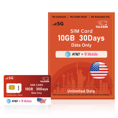 TalkSIM Prepaid 4G LTE Cellular SIM Card-Support AT&T, T-Mobile Dual Network - USA Data Only SIM Card|10GB 30Days