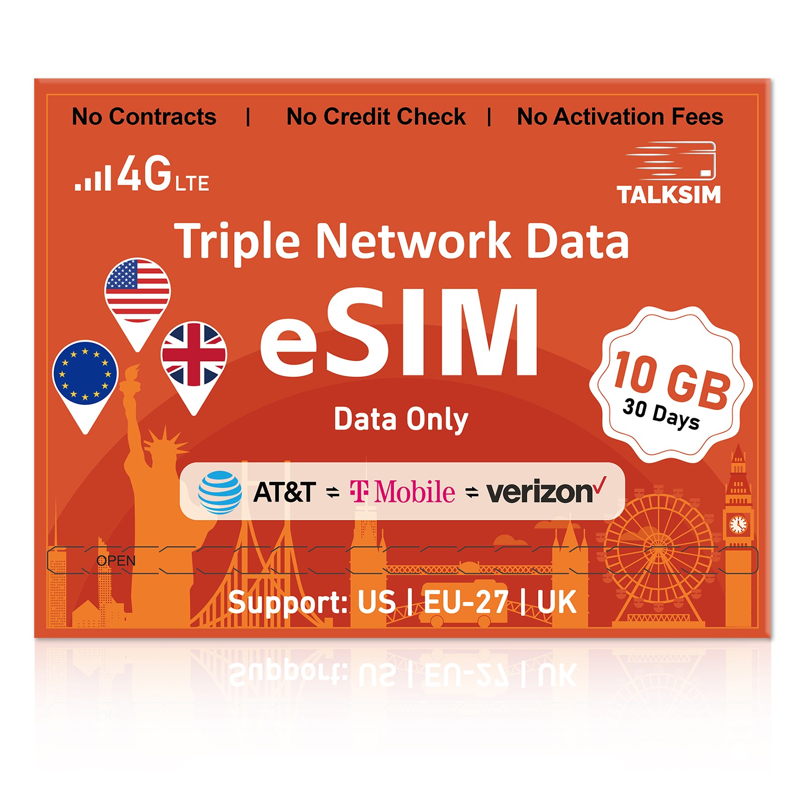 USA eSIM Data Card for Unlocked Phones -Supports 3 Networks, No SIM Card Required, No Monthly Fees, No Calling/Texting Features