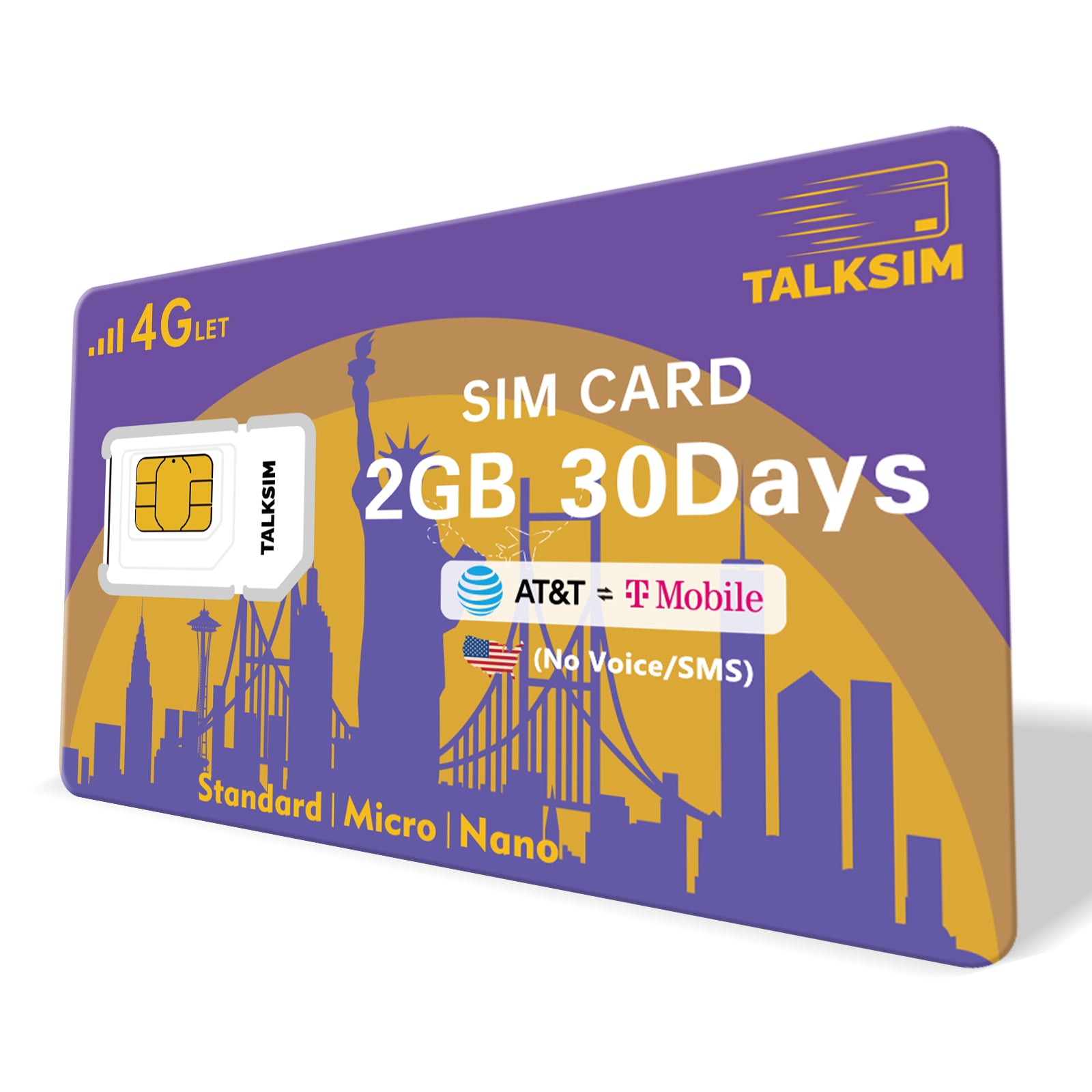 TalkSIM Data SIM Card(2GB 30 Days)USA SIM Card 4G LTE Support AT&T, T-Mobile Dual Network