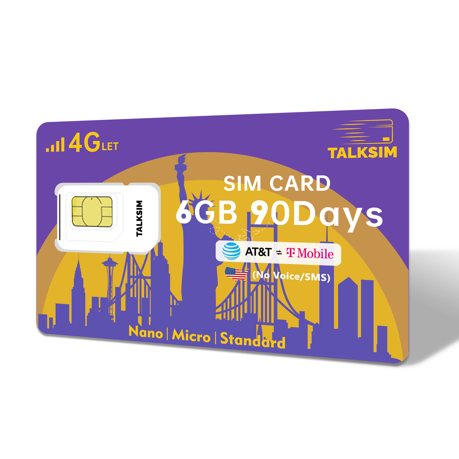 TalkSIM Data SIM Card( 6GB 90 Days)Support AT&T, T-Mobile Networks, 4G LTE USA SIM Card