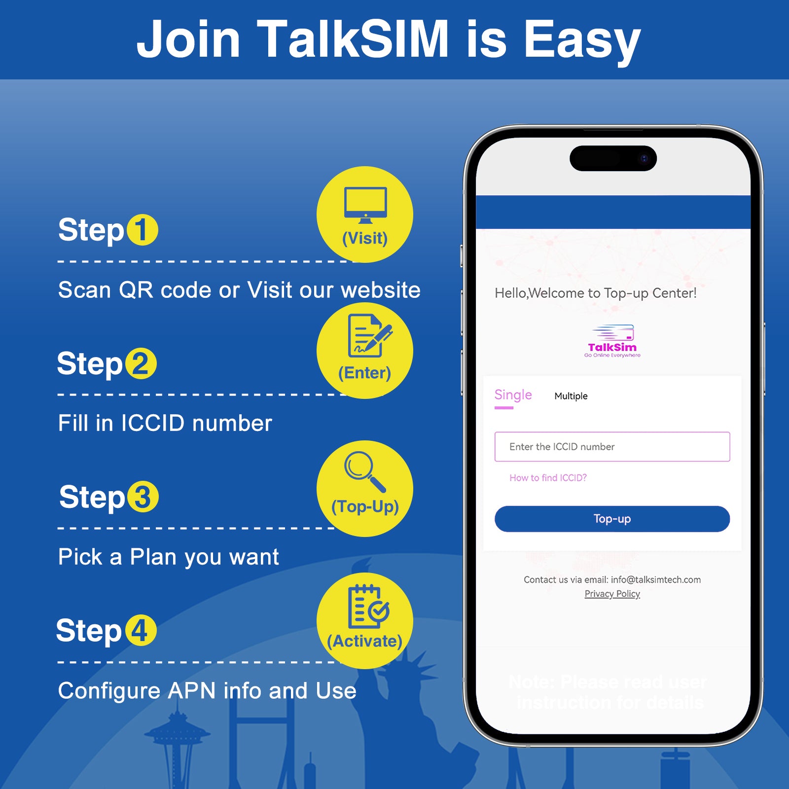 TalkSIM Prepaid 4G LTE Cellular SIM Card-Support AT&T, T-Mobile Dual Network - USA Data Only SIM Card