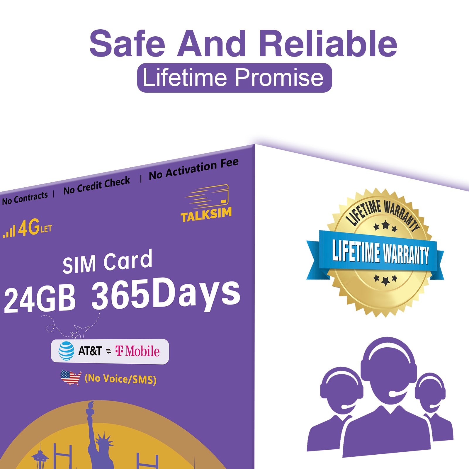 TalkSIM Data SIM Card (24GB for 365 Days) Support AT&T, T-Mobile Networks, USA SIM Card 4G LTE